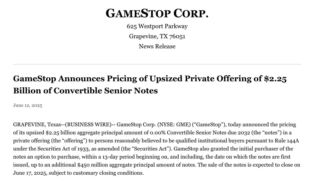 GameStop Raises Convertible Notes to $2.25B, Buys 4,710 BTC in Bold Move