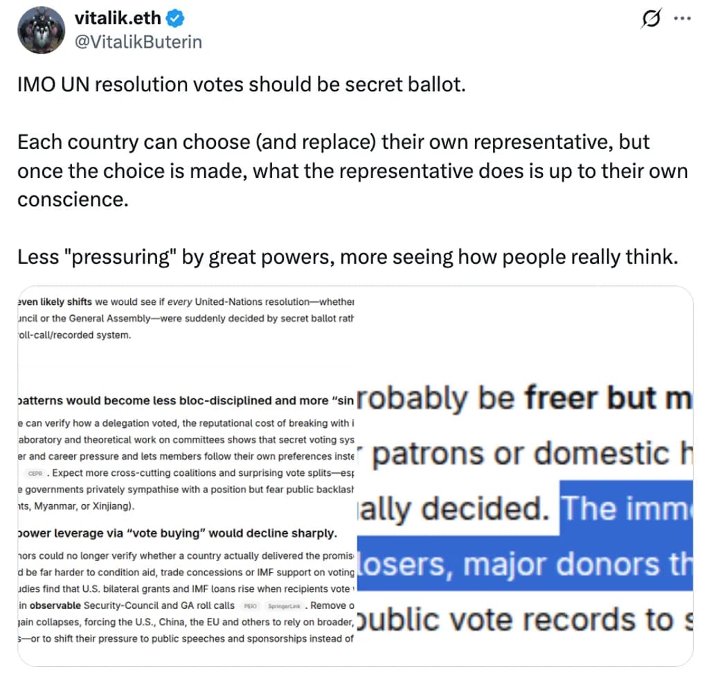 “UN 투표도 DAO처럼”…비탈릭 파격 제안에 커뮤니티 갑론을박